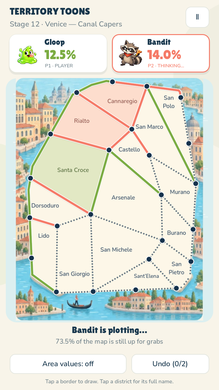 An actual Territory Toons city board, with districts of different sizes